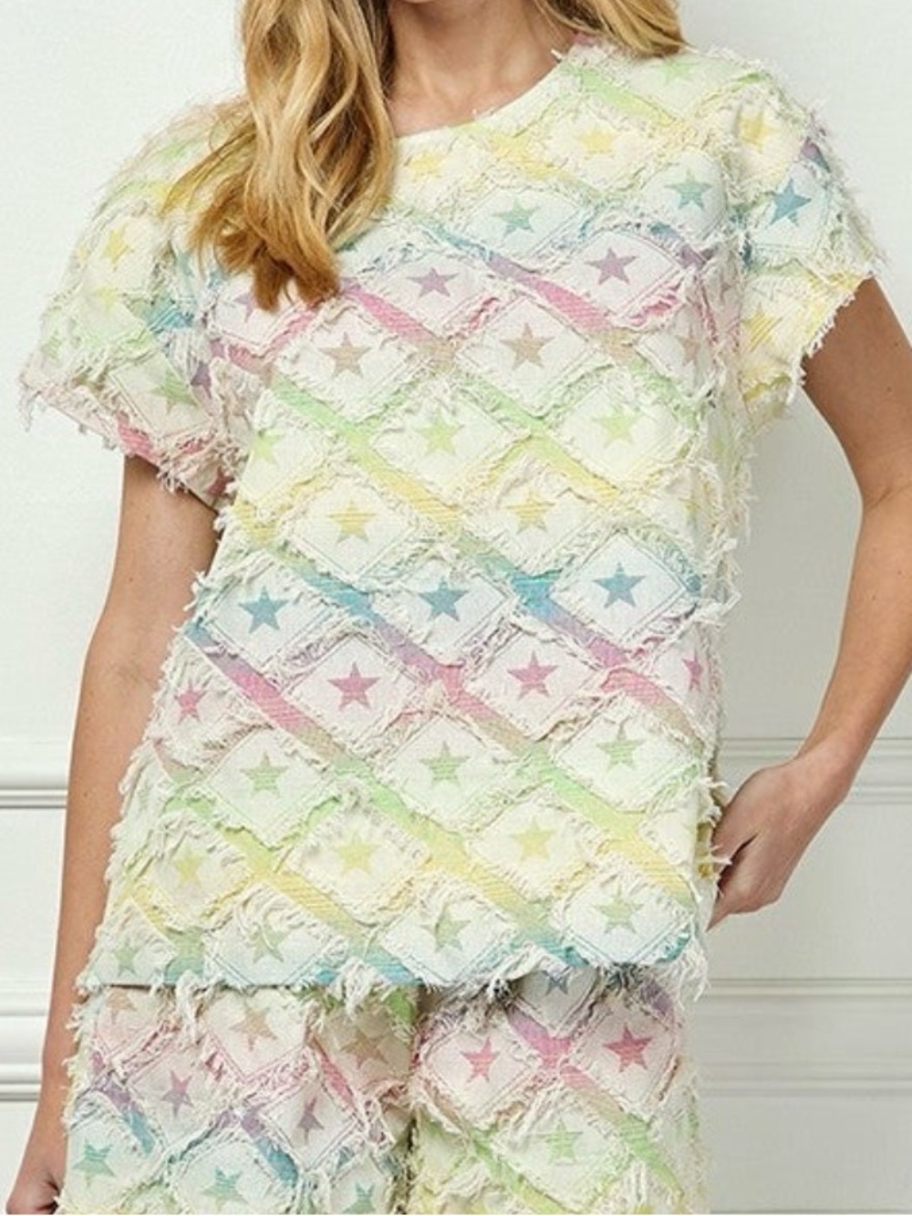 Pastel Star Textured Woman’s Top. Small. See and Be Seen.